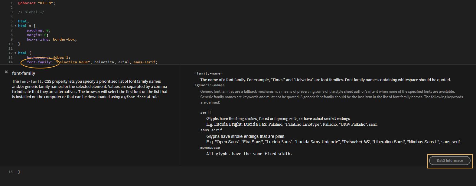 Dokumentace CSS v rámci aplikace Dreamweaver