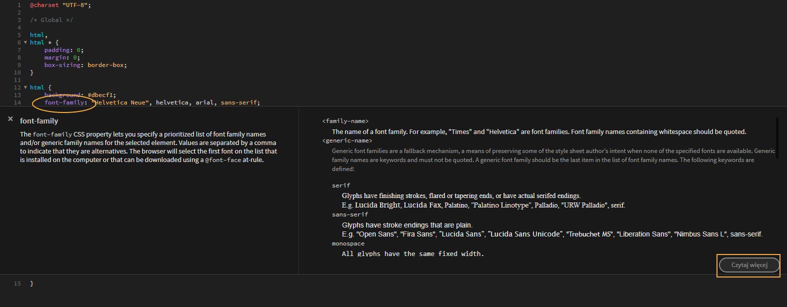 Dokumentacja CSS w programie Dreamweaver