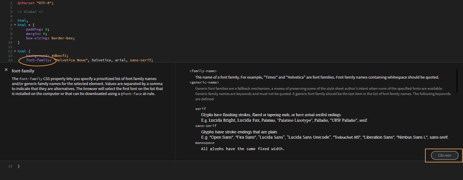 CSS-dokumentation i Dreamweaver