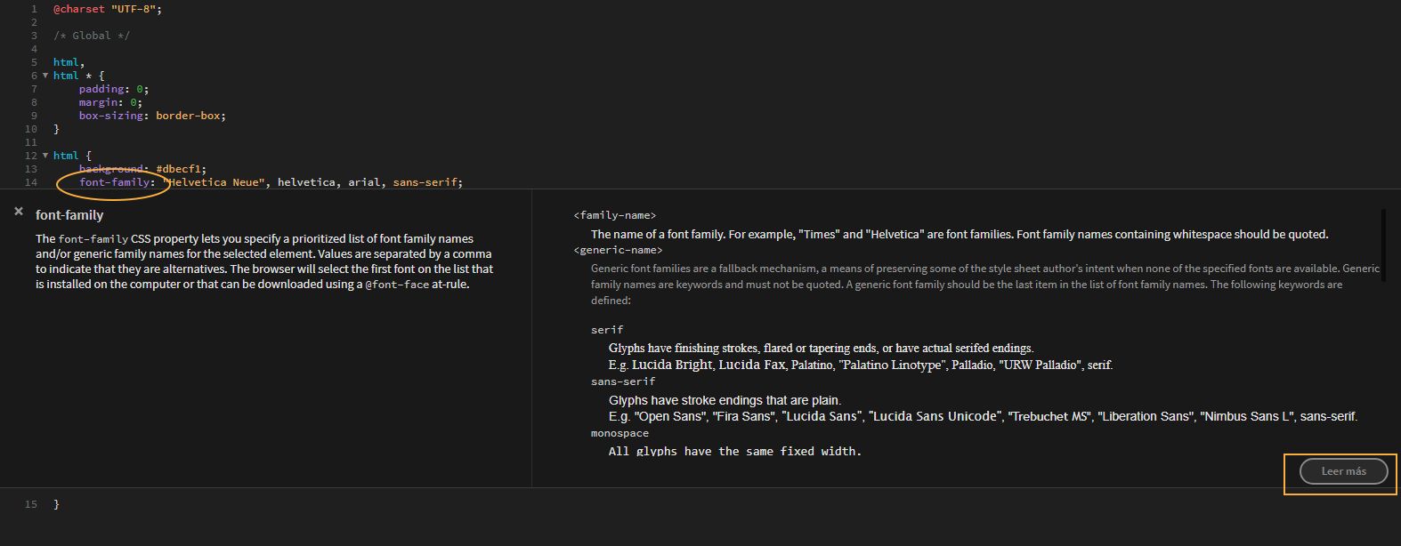 Documentación de CSS dentro de Dreamweaver