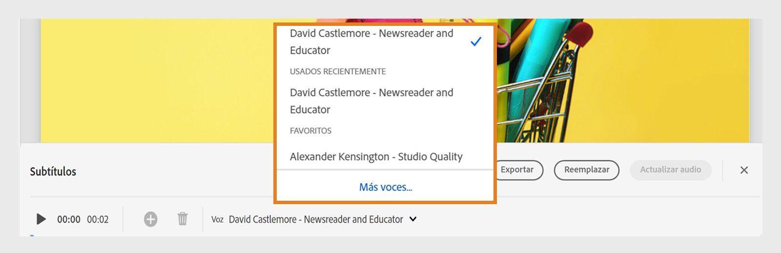 En esta imagen, se muestra el acceso rápido a las voces en la cronología del subtítulo.