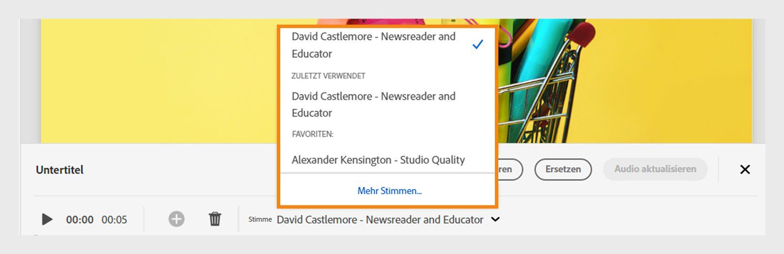 Dieses Bild zeigt den schnellen Zugriff auf Stimmen in der Zeitleiste für Untertitel