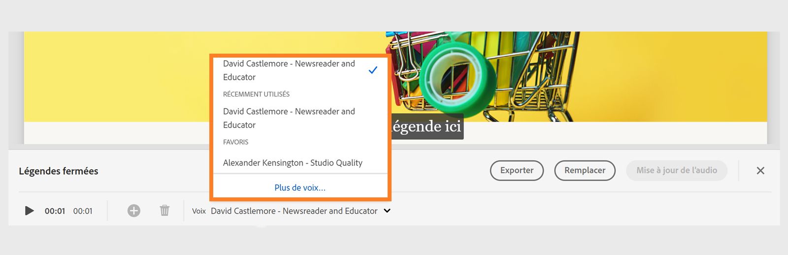 Cette image illustre l’accès rapide aux voix sur le montage chronologique des sous-titres