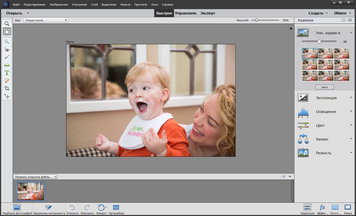 Режимы «Быстрое», «Управляем.» и «Эксперт» в Photoshop Elements