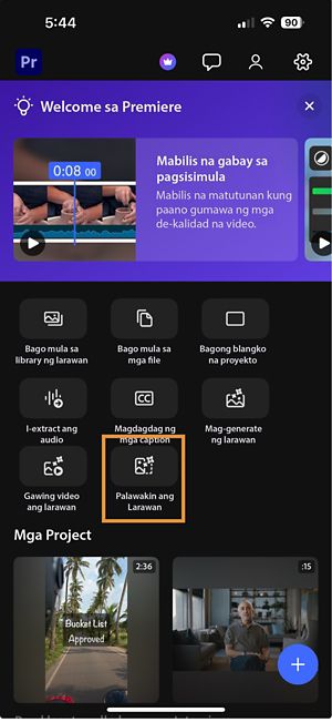 Mabilisang window ng pagkilos na may naka-highlight na opsyon na Palawakin ang larawan upang simulan ang pagbuo ng pagpapalawak.
