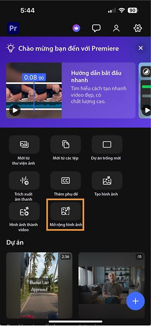 Cửa sổ thao tác nhanh với tùy chọn Mở rộng hình ảnh được tô sáng để bắt đầu quy trình mở rộng tạo sinh.