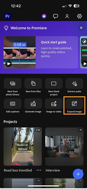 Quick action window with the Expand image option highlighted to start generative expand.