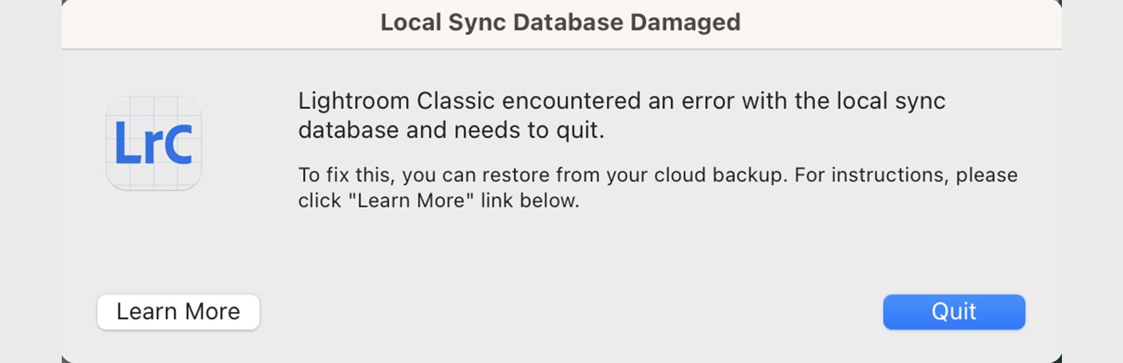 Écran affichant l’erreur « Base de données de synchronisation locale endommagée »