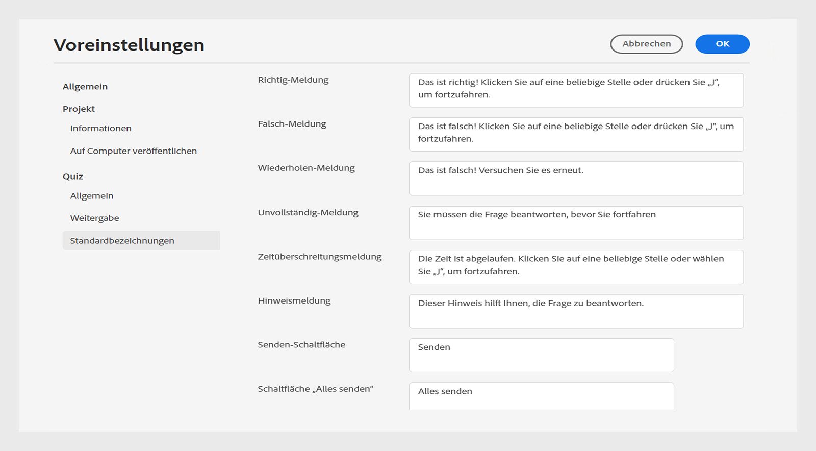 Voreinstellungen für Quiz-Standardbeschriftungen