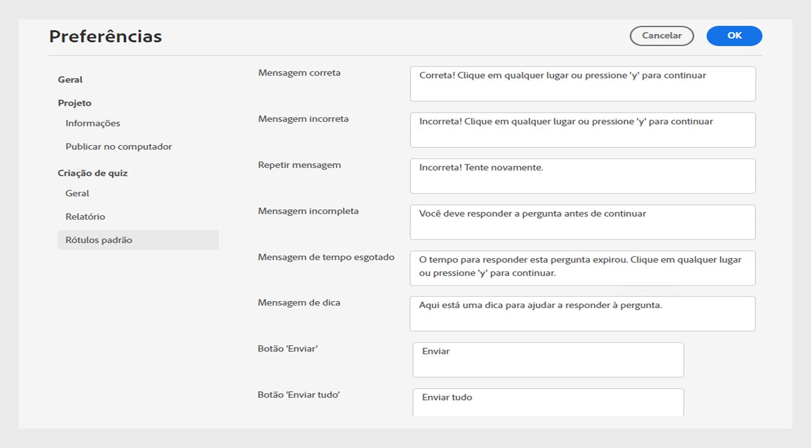 Preferências de rótulo padrão do questionário