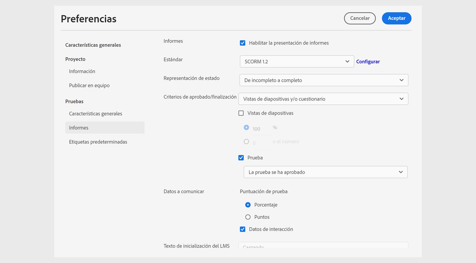 Preferencias de informes de pruebas