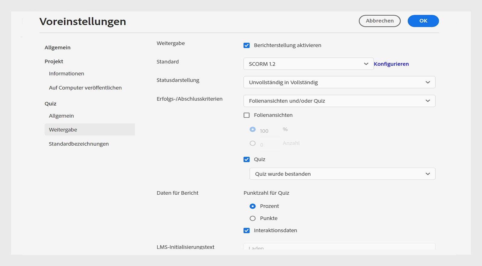 Voreinstellungen für Quizberichte