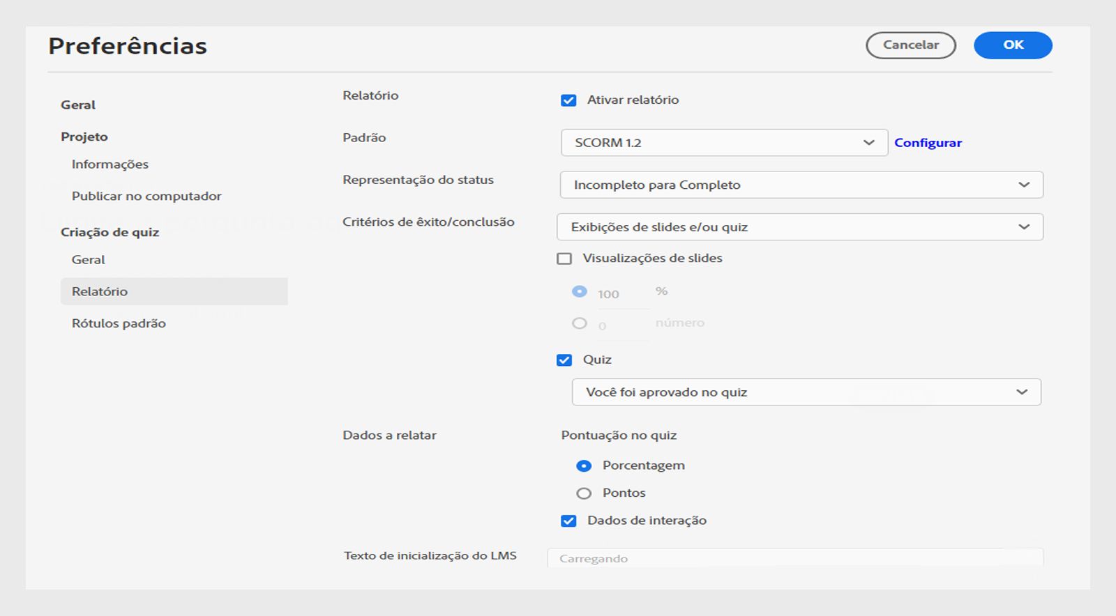 Preferências de relatório do questionário