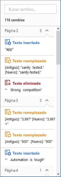 Lista de los cambios resaltados en el panel derecho