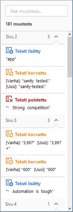 Oikeanpuoleisessa ruudussa korostettuina olevien muutosten luettelo