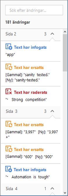 Lista över ändringar som är markerade i rutan till höger