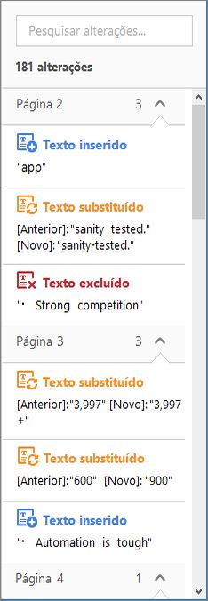 Lista de alterações realçadas no Painel direito