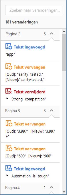 Lijst met wijzigingen gemarkeerd in het rechterdeelvenster