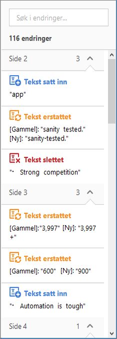 Liste over endringer uthevet i ruten til høyre