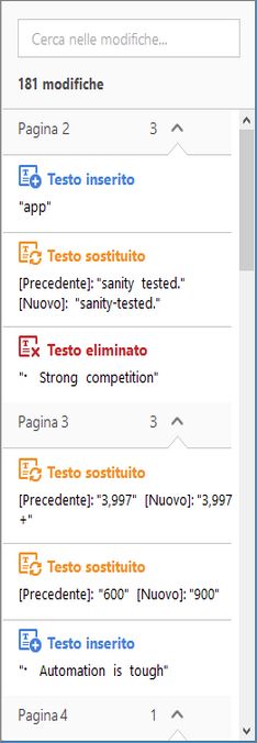 Elenco delle modifiche evidenziato nel riquadro a destra