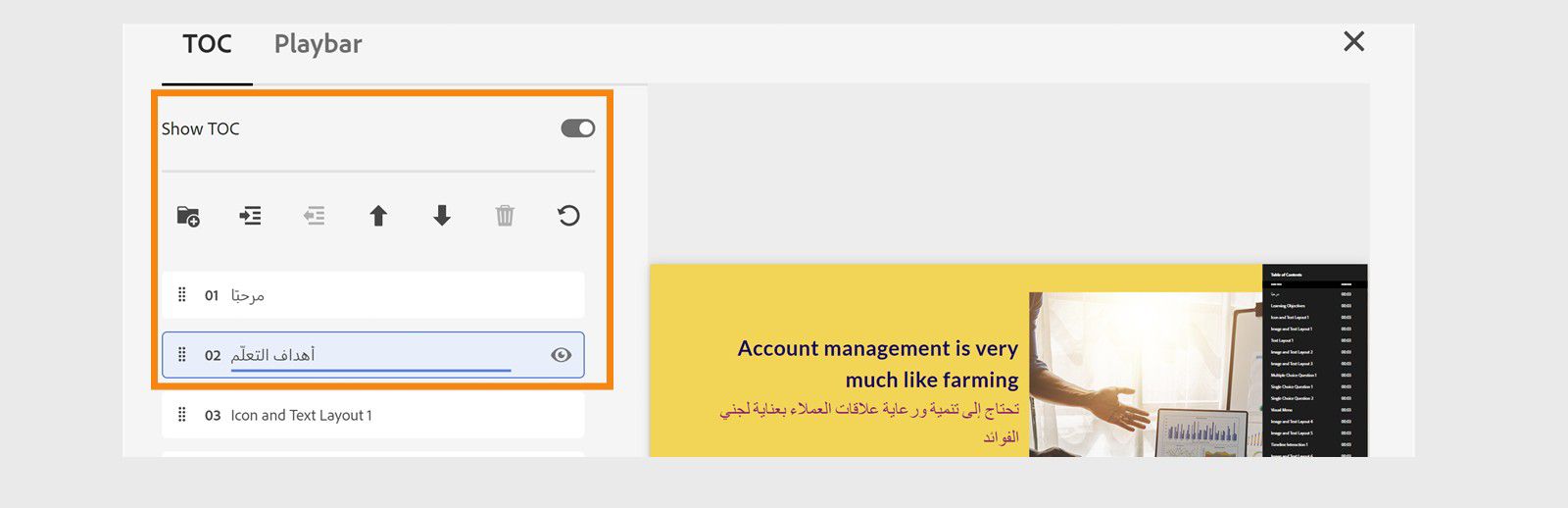Agregar nombres de diapositiva RTL para la configuración de TOC