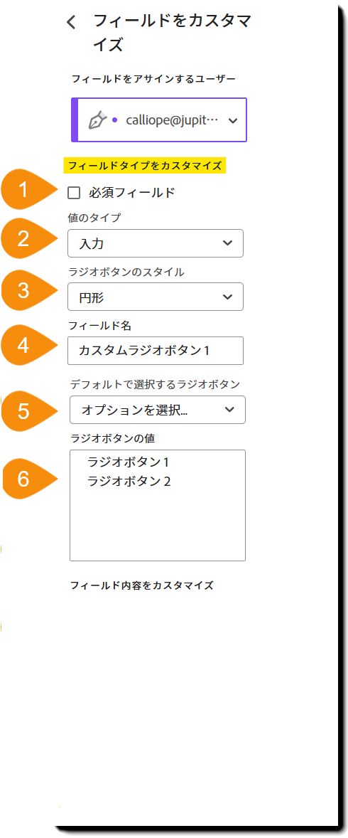 「カスタマイズ可能なフィールドタイプ」セクションがハイライト表示されているフィールドカスタマイズメニューの表示。