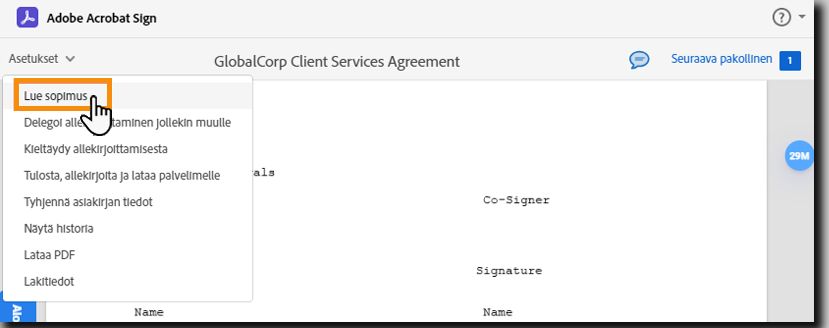 Sähköisen allekirjoituksen sivu, jolla Asetukset-valikko on laajennettuna ja Lue sopimus -vaihtoehto korostettuna