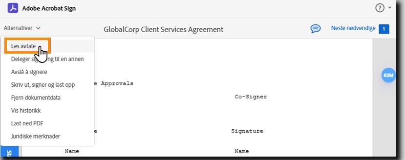 E-signeringssiden med Alternativer-menyen åpen og alternativet Les avtale uthevet