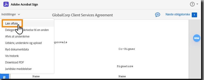 E-underskrivelsessiden med menuen Indstillinger udvidet, og indstillingen &quot;Læs aftale&quot; fremhævet