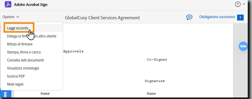 Pagina di firma elettronica con il menu Opzioni espanso e l’opzione “Leggi accordo” evidenziata