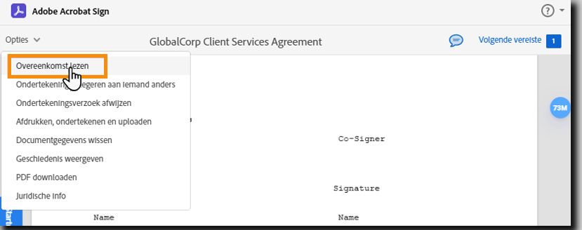 De pagina voor elektronische ondertekening met het menu Opties uitgevouwen en de optie Overeenkomst lezen gemarkeerd