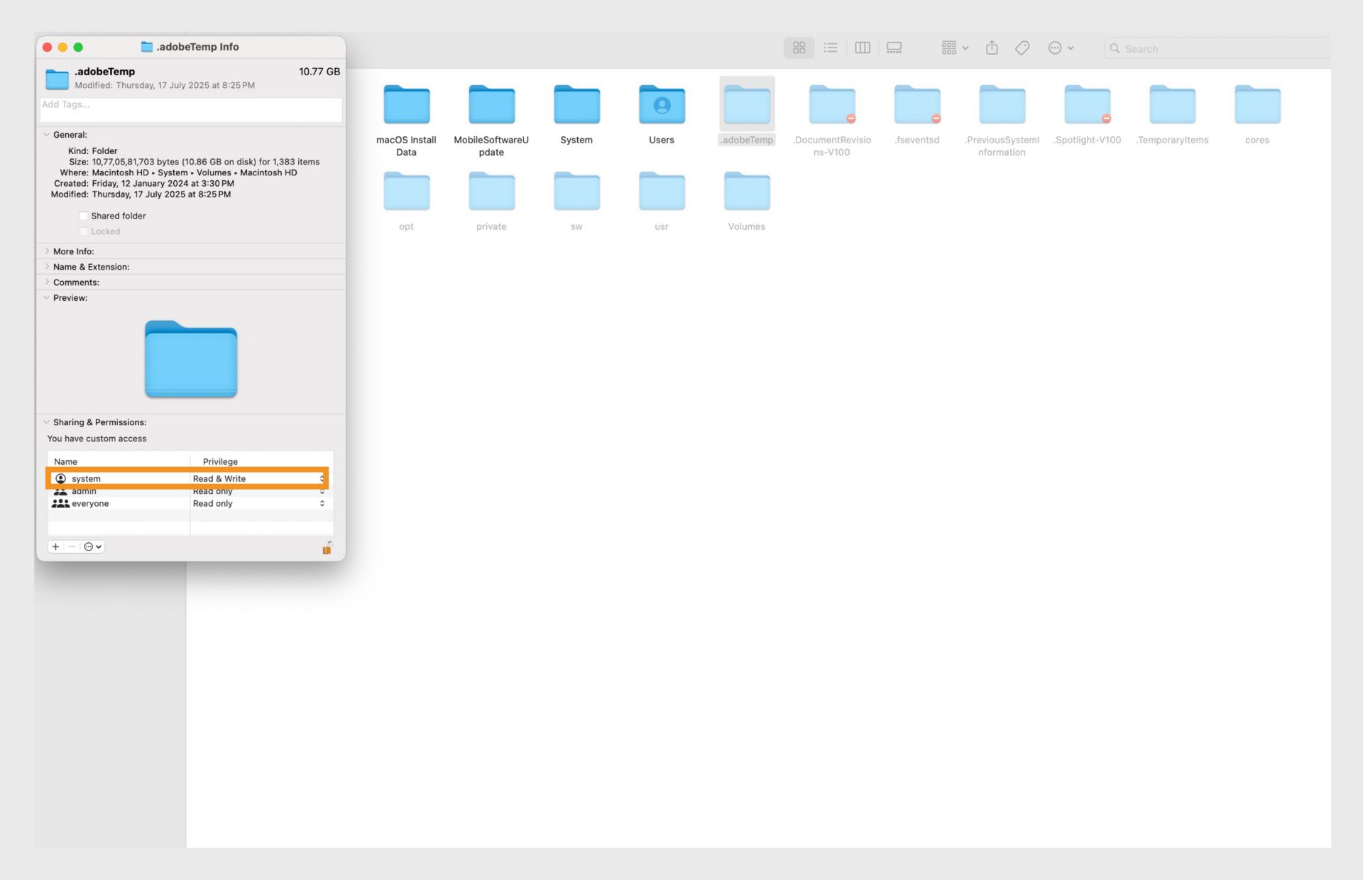 Finder-vindu som viser rotmappen med «adobetemp»-mappen valgt.Brukere kan bruke denne visningen for å vurdere og slette midlertidige Adobe-filer.