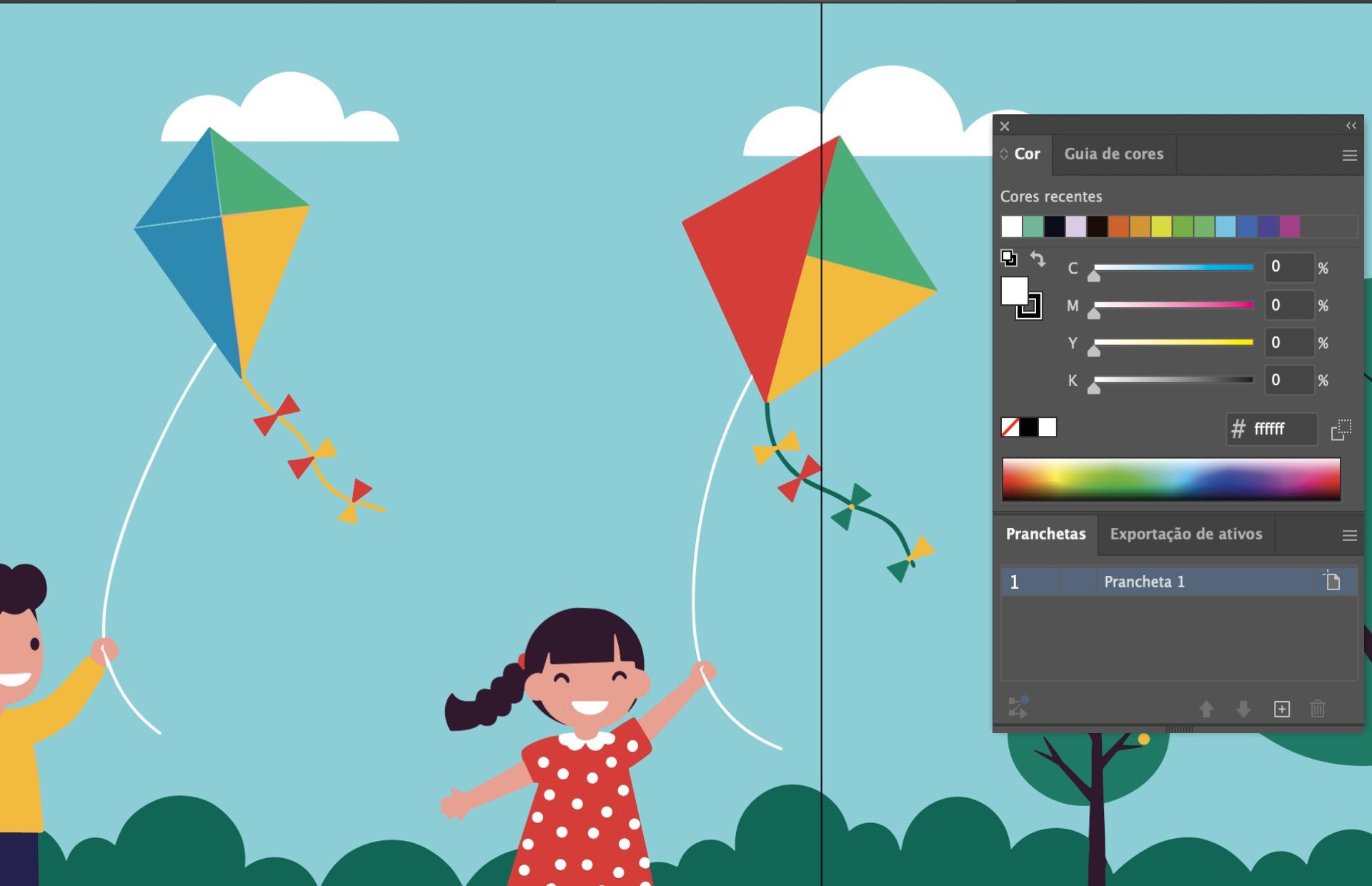 Painel Cor do Illustrator mostrando a seção Cores recentes ao lado de uma arte vetorial de duas crianças empinando pipas no céu.