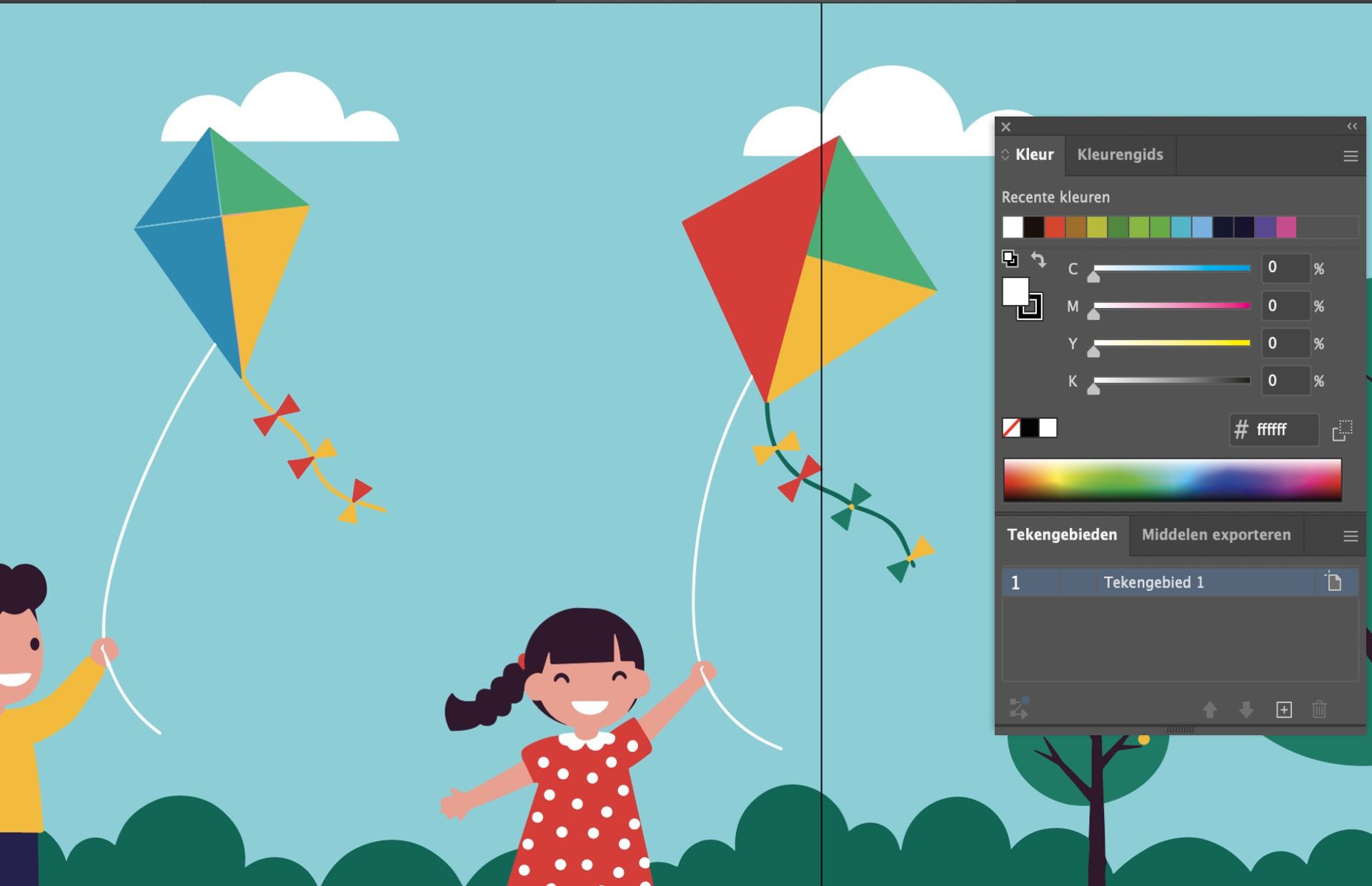 Het deelvenster Kleur van Illustrator met het gedeelte Recente kleuren naast een vectorillustratie van twee kinderen die vliegers oplaten in de lucht.