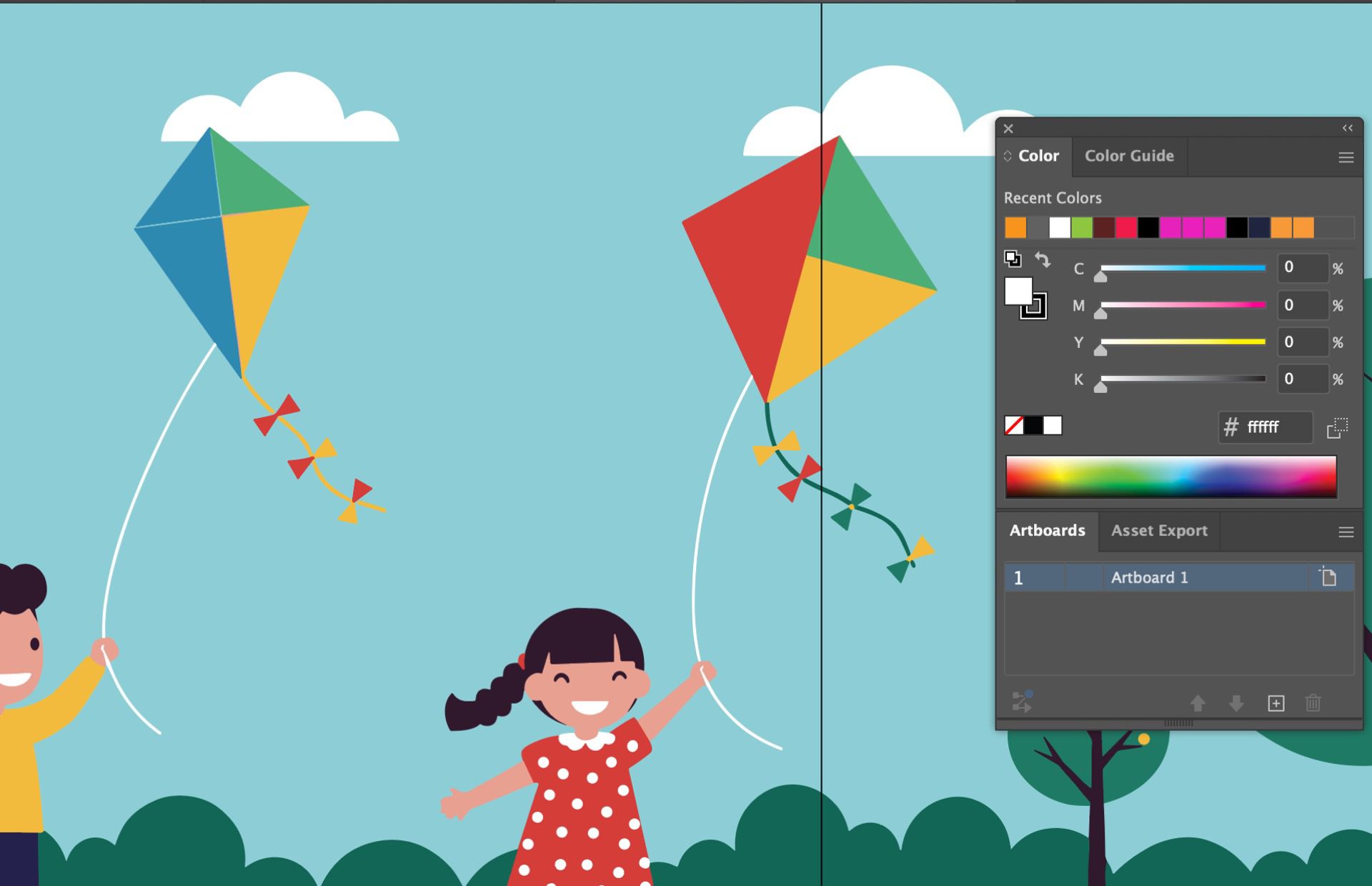 Illustrator Color panel showing the Recent Colors section beside a vector artwork of two children flying kites in the sky.