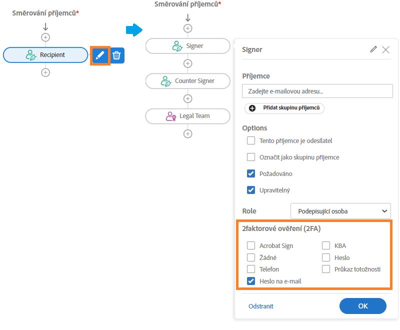 Příjemce v postupu podepisování se zvýrazněnou ikonou Upravit a zobrazeným profilem příjemce