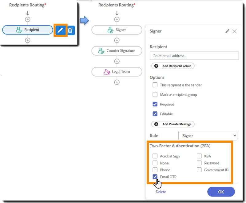 Een ontvanger in de ondertekeningsworkflow met gemarkeerd pictogram Bewerken en het profiel van de ontvanger zichtbaar