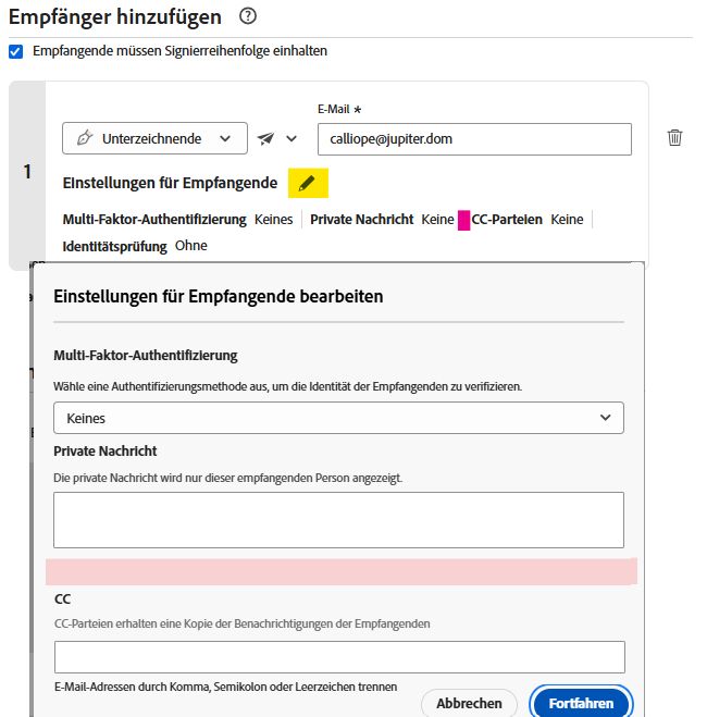 Die Einstellungen für Empfangende, wie sie die sendende Person sieht; der Bereich, in dem sich die Option zum Ausblenden der Vereinbarung für die Empfangspartei befinden würde, wenn die Einstellung aktiviert wäre, ist hervorgehoben.