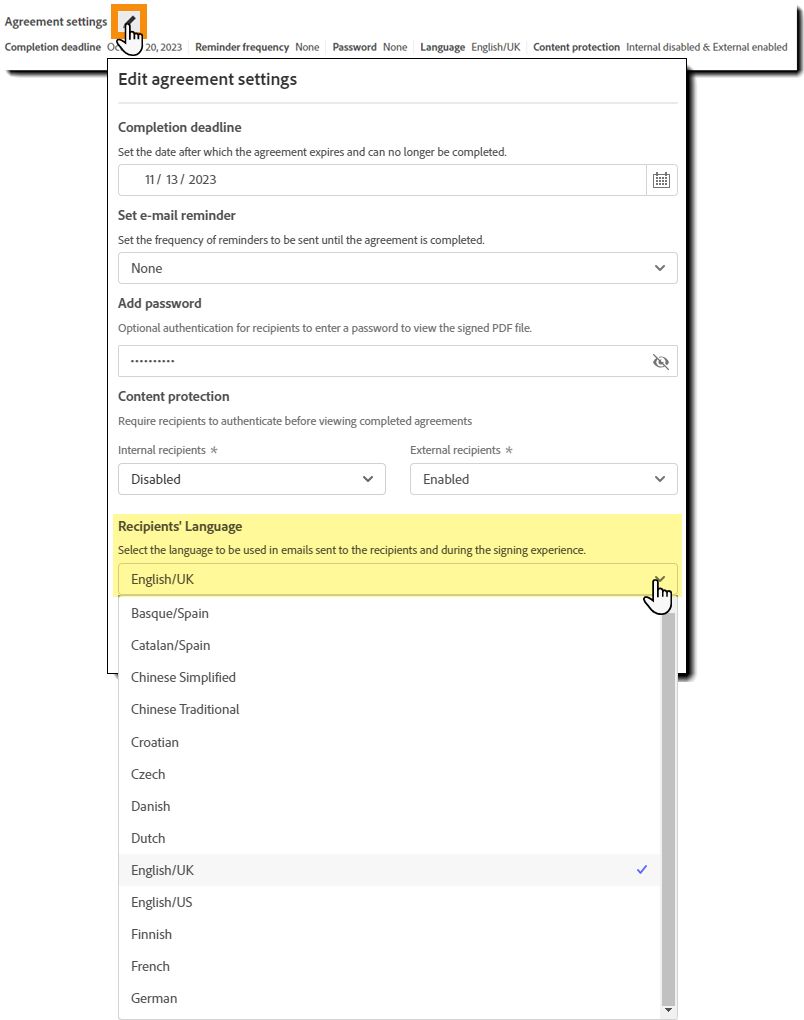 O painel de configurações do contrato com o seletor de idioma realçado