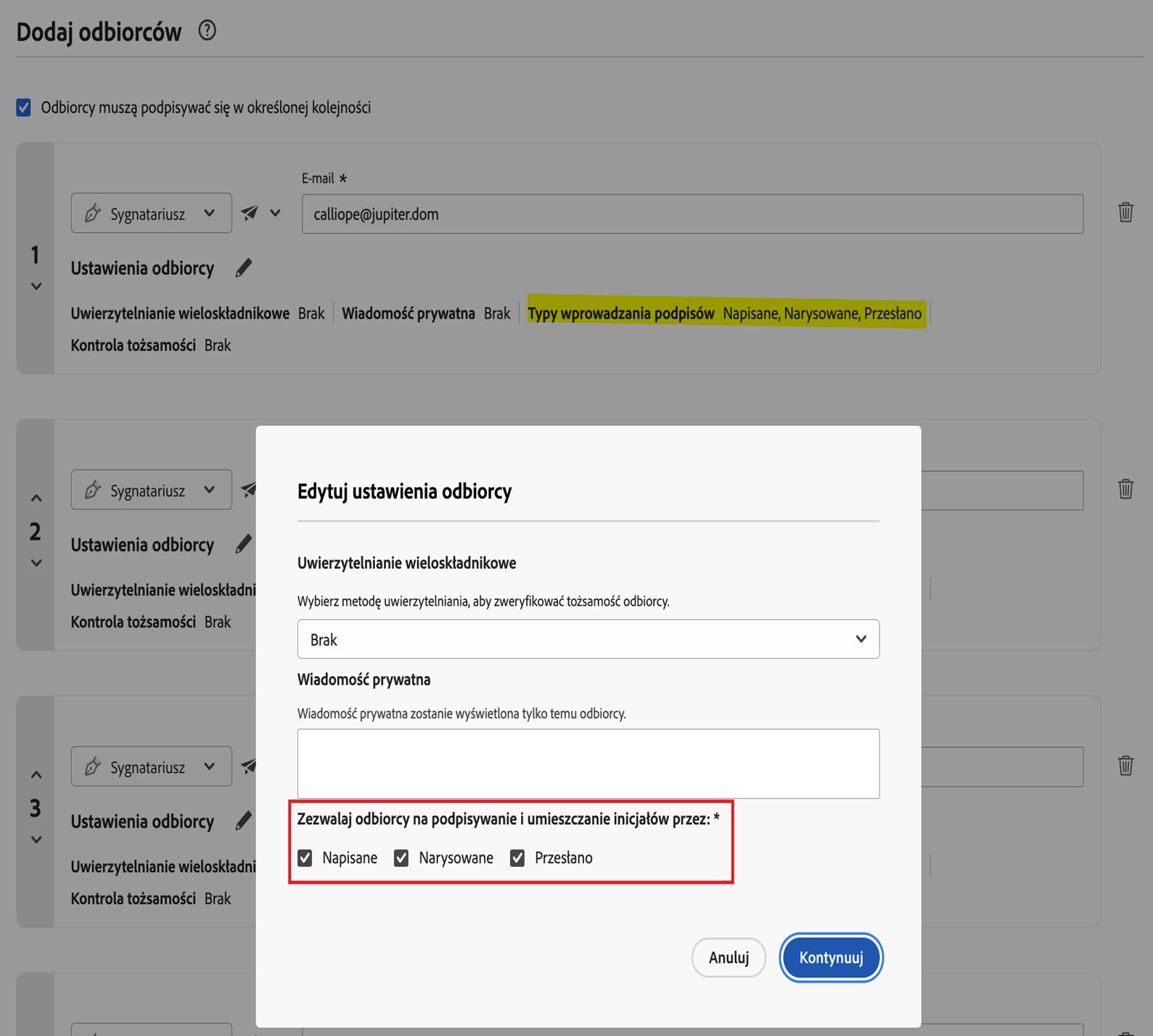 Strona Kompozytora z widocznymi Ustawieniami odbiorcy i wyróżnionymi dozwolonymi typami podpisów.