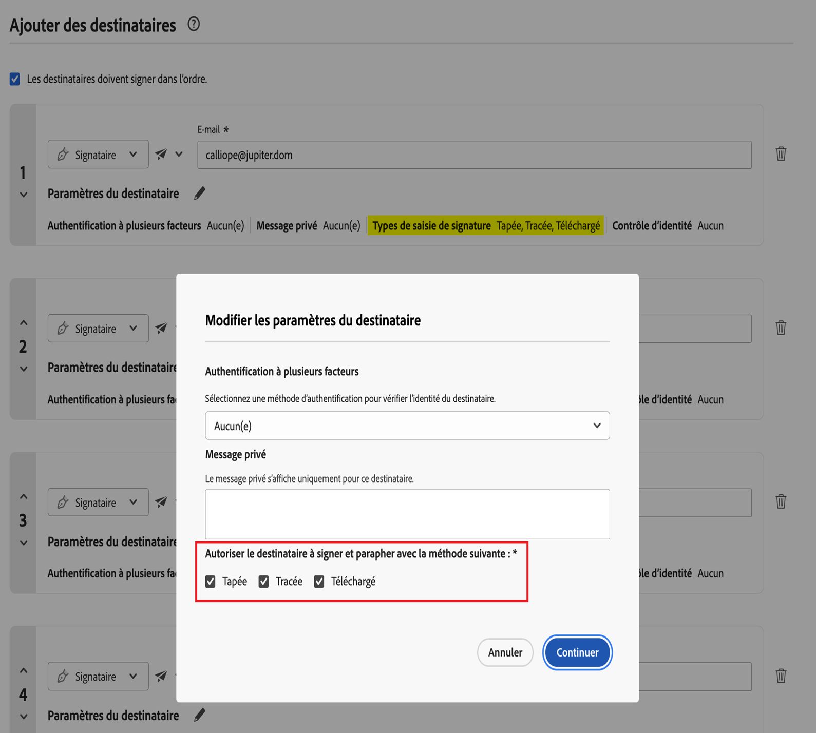 Page de composition avec les paramètres du destinataire affichés et les types de signature autorisés en surbrillance.