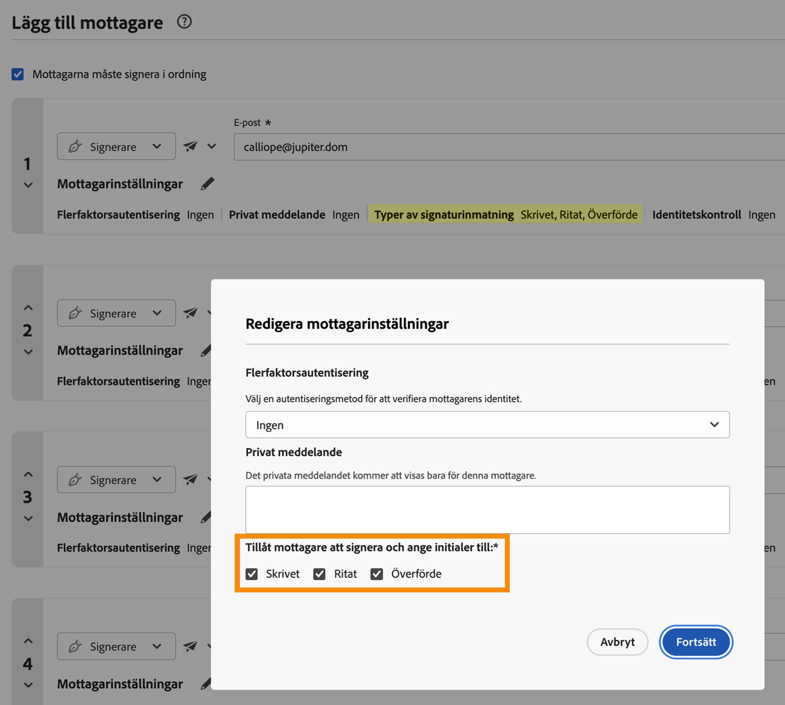 Sidan Skapa med mottagarinställningar exponerade och de tillåtna signaturtyperna markerade.
