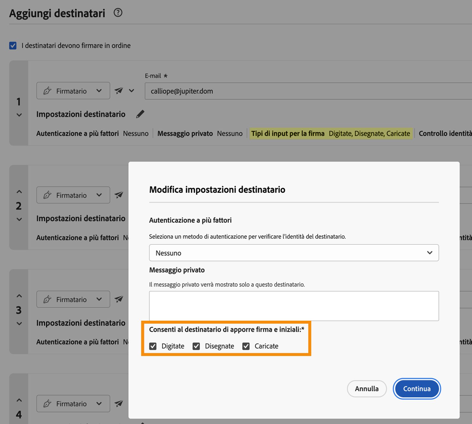 Pagina Composizione in cui sono esposte le Impostazioni destinatario e sono evidenziati i tipi di firma consentiti.
