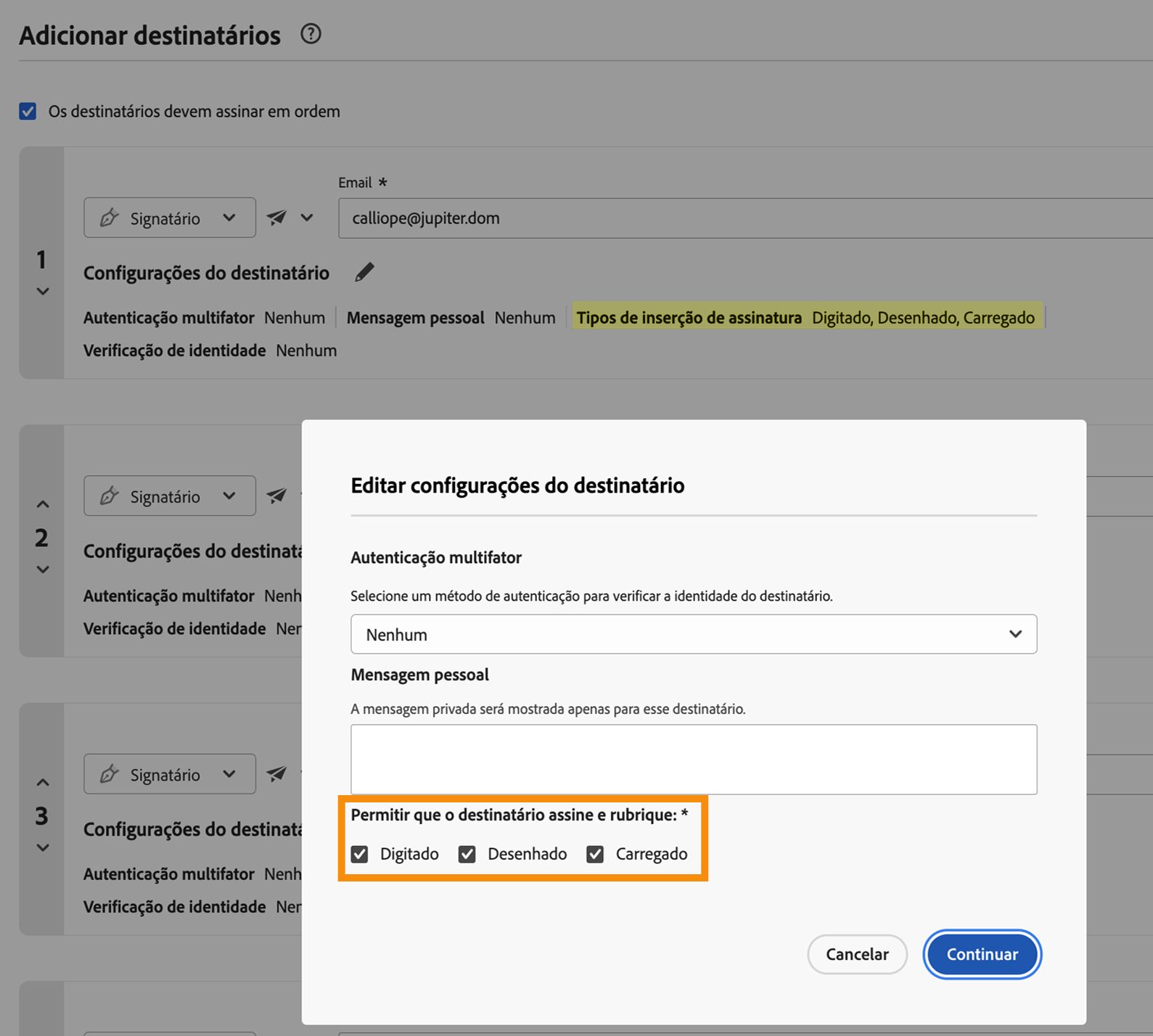 A página “Compor” com as configurações do destinatário expostas e os tipos de assinatura permitidos realçados.