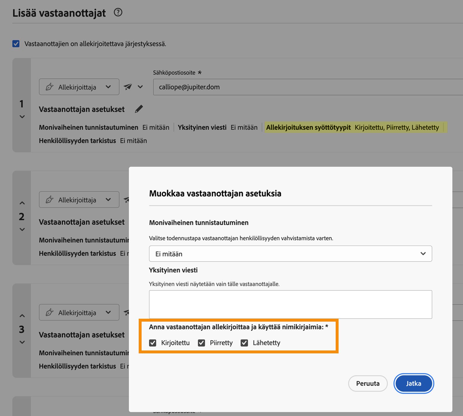 Laatimissivu, jossa vastaanottajan asetukset ovat näkyvissä ja sallitut allekirjoitustyypit korostettuina.