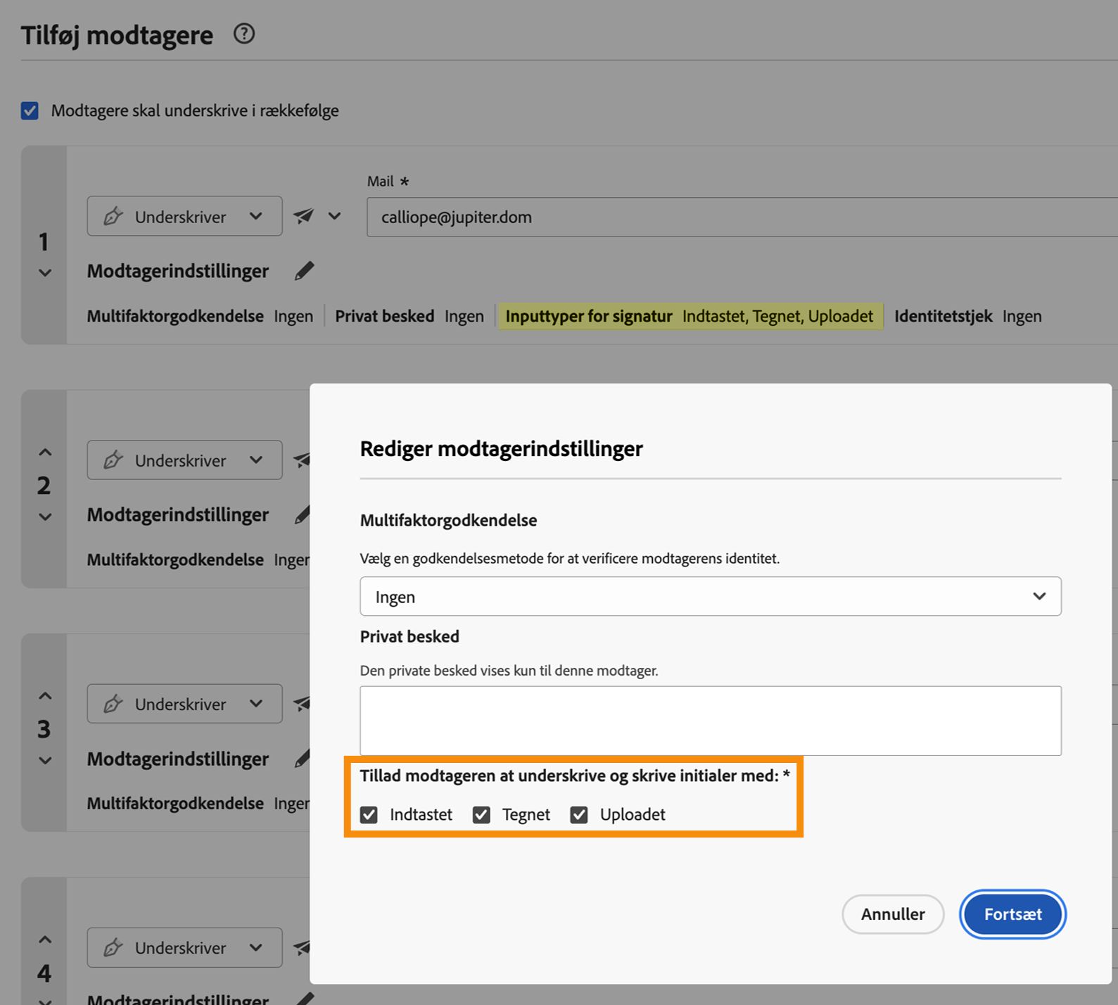 Siden Opret med modtagerens indstillinger vist, og de tilladte signaturtyper fremhævet.