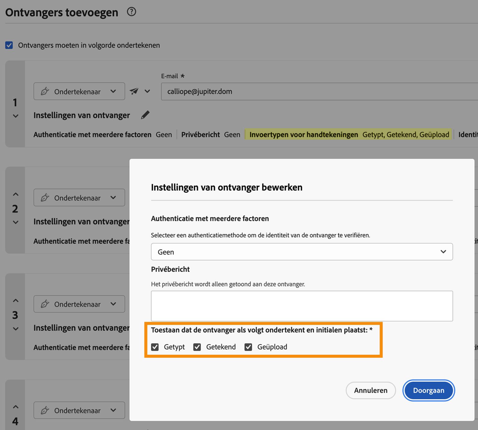 De pagina Samenstellen waarop de instellingen van de ontvanger zichtbaar zijn en met toegestane handtekeningtypen gemarkeerd.