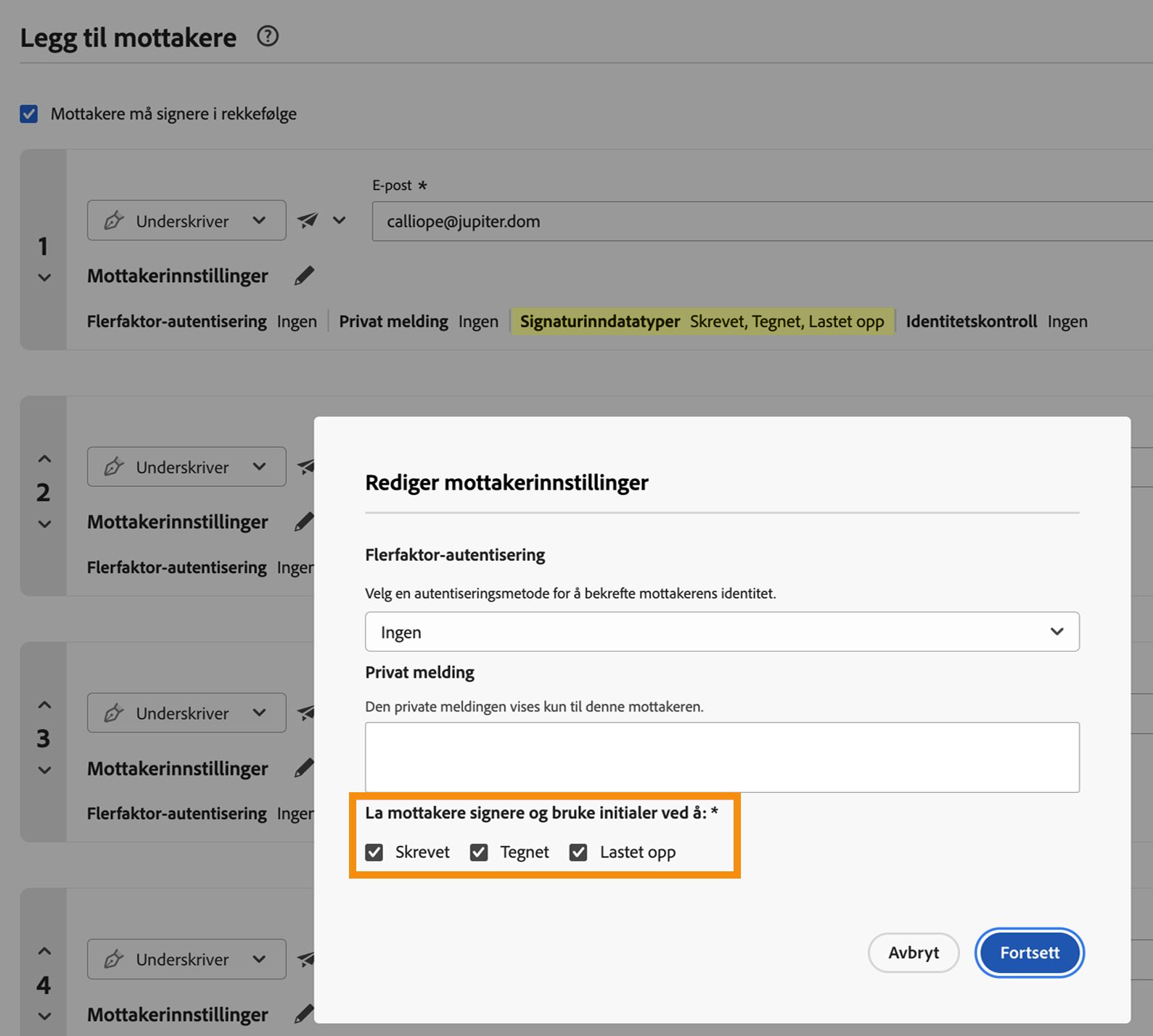 Skriv-siden med mottakerens innstillinger eksponert og tillatte signaturtyper uthevet.