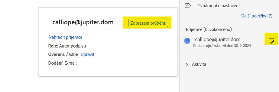 Příklad záznamu příjemce zvýrazňující ikonu a tlačítko Zobrazit průběh.