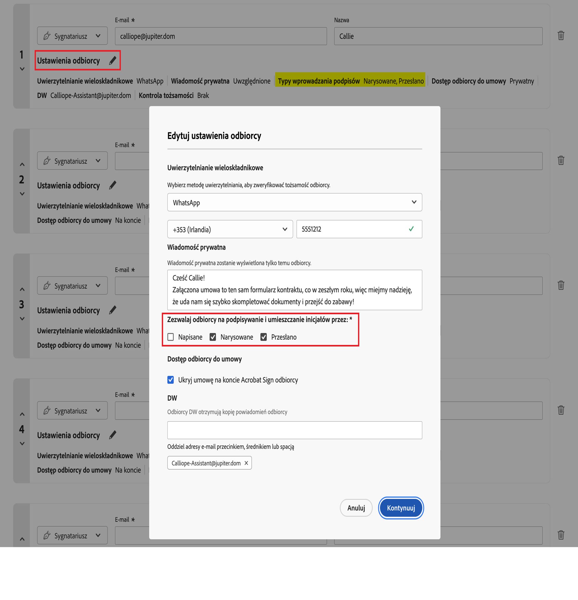 Menu ustawień odbiorcy z wyróżnionymi elementami sterującymi Dopuszczalne typy podpisu.